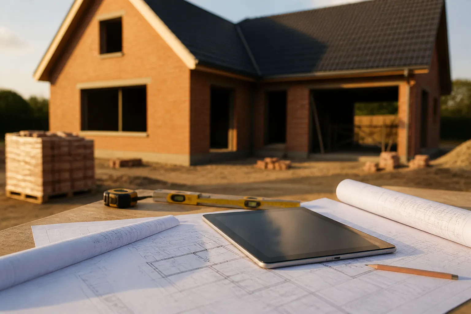 Plans de maison et tablette poses sur une table de chantier, maison en construction en arriere plan, Compiegne