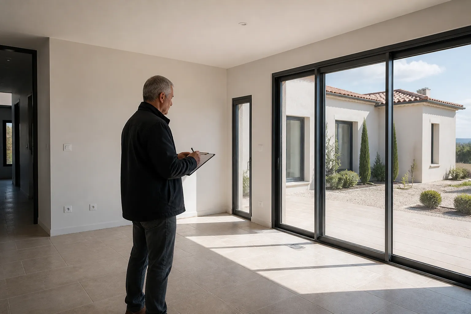 Expert en batiment notant des reserves dans une piece lumineuse de maison neuve, Condom
