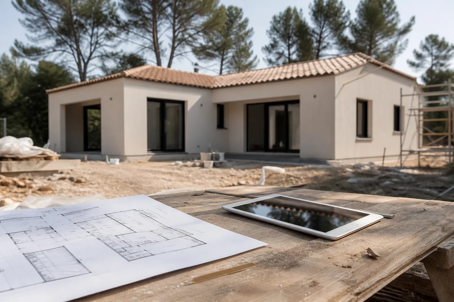 Plans de maison et tablette poses sur une table de chantier, maison en construction en arriere plan, Coulounieix-Chamiers