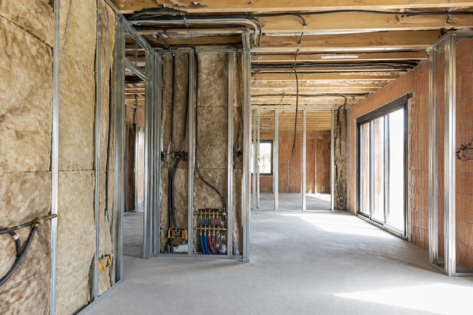 Interieur de maison neuve en cours de cloisonnement avec isolant et reseaux visibles, Creil