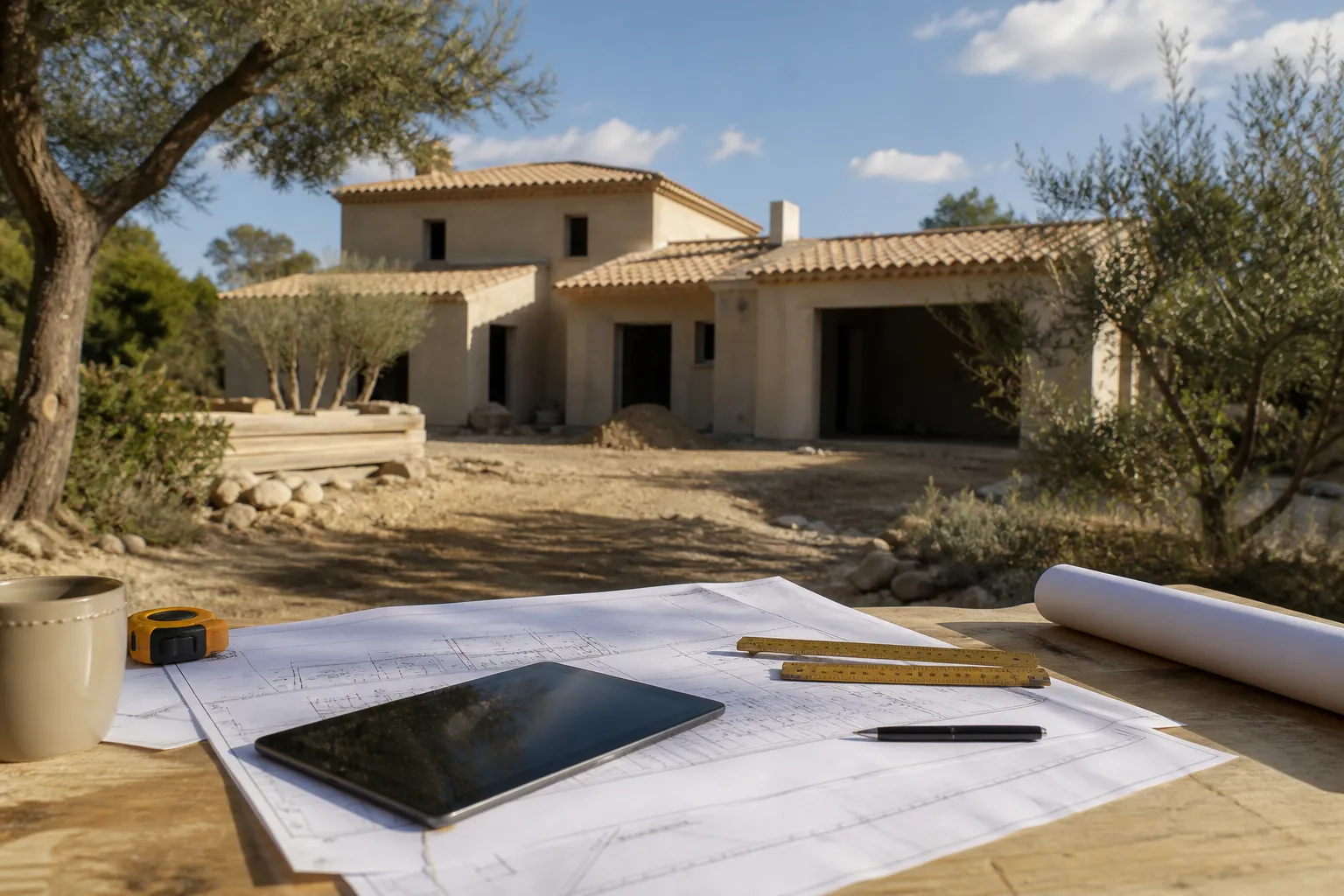 Plans de maison et tablette poses sur une table de chantier, maison en construction en arriere plan, Draguignan