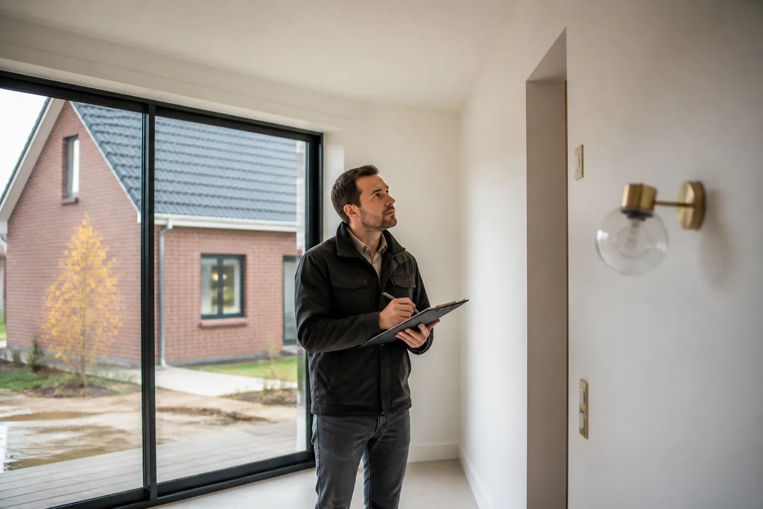 Expert en batiment notant des reserves dans une piece lumineuse de maison neuve, Dunkerque