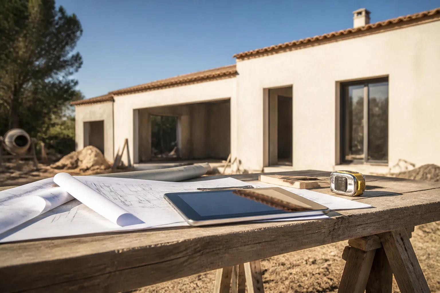 Plans de maison et tablette poses sur une table de chantier, maison en construction en arriere plan, Eauze