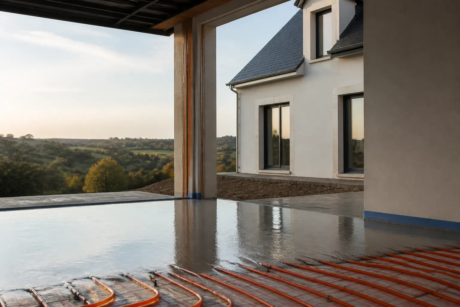 Chape fluide coulee sur plancher chauffant dans une maison neuve, Evron