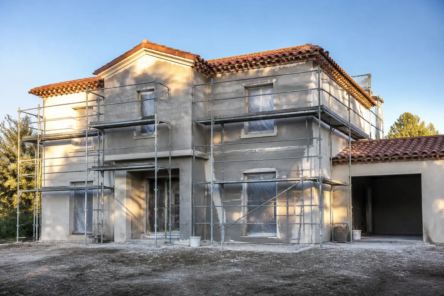 Facade de maison neuve avec echafaudage et enduit en cours, Figeac