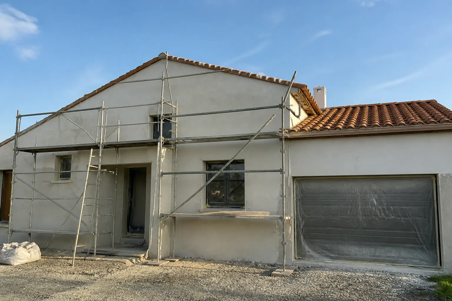 Facade de maison neuve avec echafaudage et enduit en cours, Fleurance