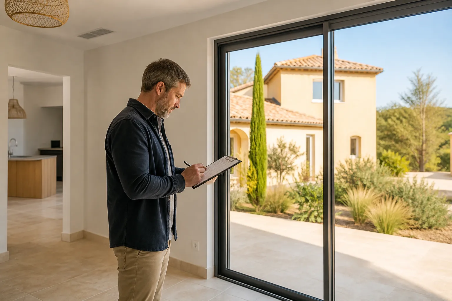 Expert en batiment notant des reserves dans une piece lumineuse de maison neuve, Frejus