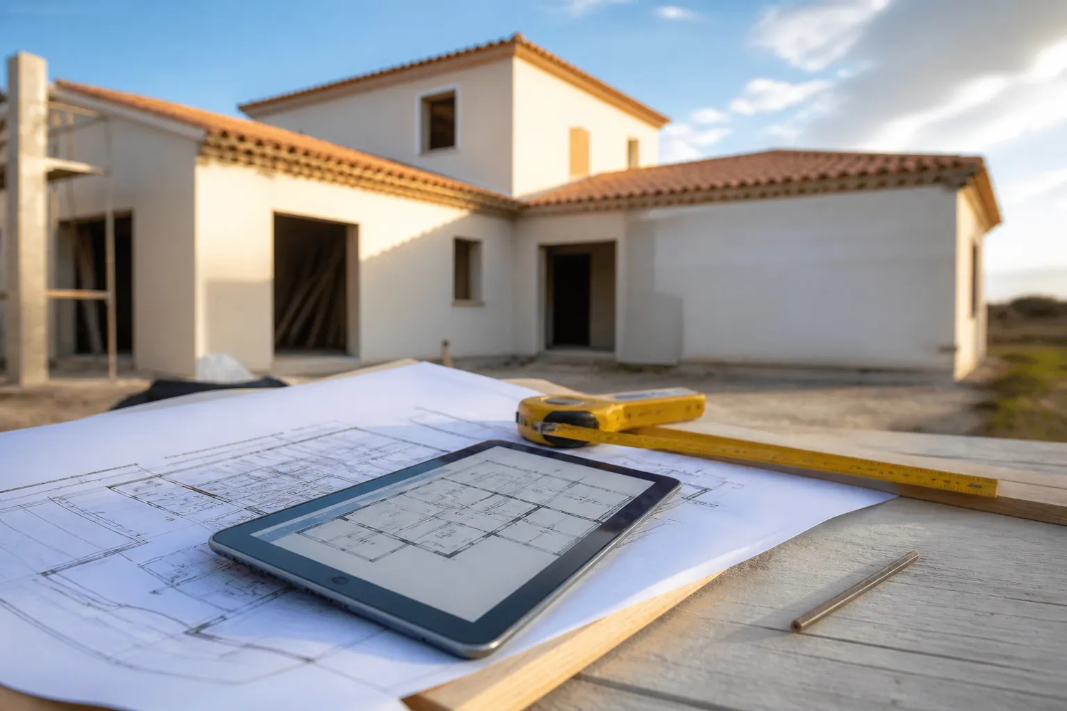 Plans de maison et tablette poses sur une table de chantier, maison en construction en arriere plan, Gourdon