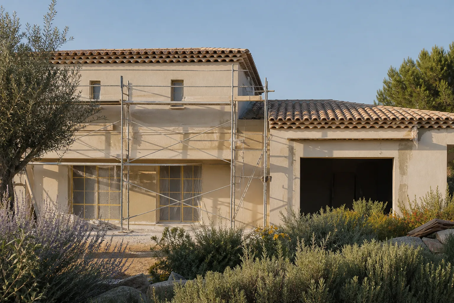 Facade de maison neuve avec echafaudage et enduit en cours, Hyeres