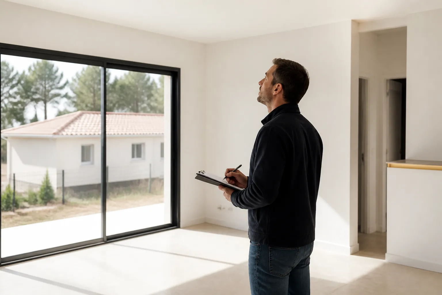 Expert en batiment notant des reserves dans une piece lumineuse de maison neuve, Le Passage