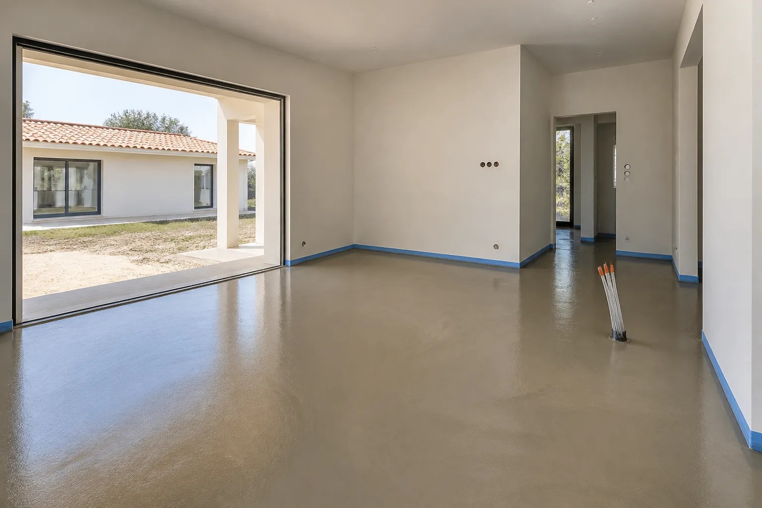 Chape fluide coulee sur plancher chauffant dans une maison neuve, Lezignan-Corbieres