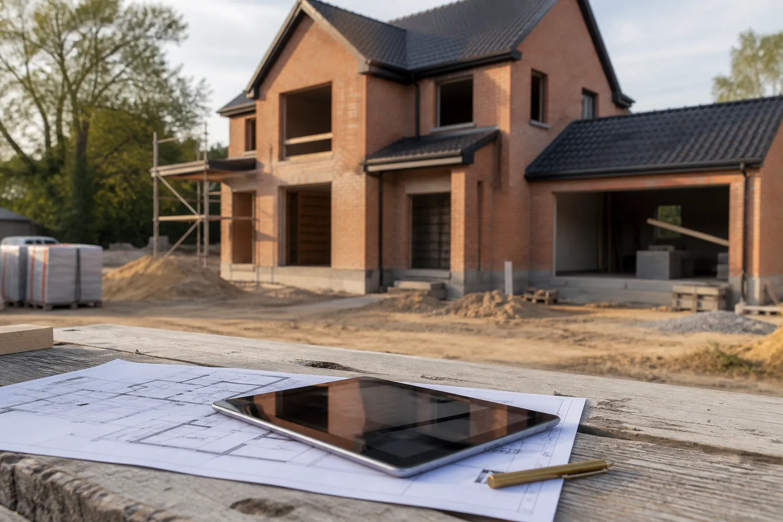 Plans de maison et tablette poses sur une table de chantier, maison en construction en arriere plan, Lille