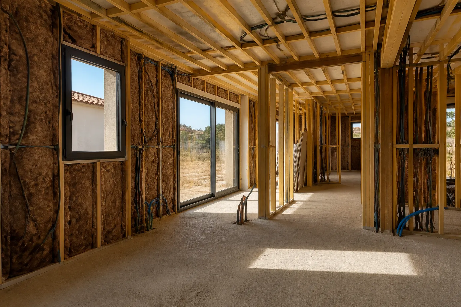 Interieur de maison neuve en cours de cloisonnement avec isolant et reseaux visibles, Limoux