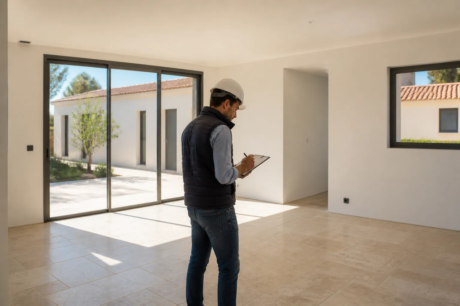 Expert en batiment notant des reserves dans une piece lumineuse de maison neuve, Lunel