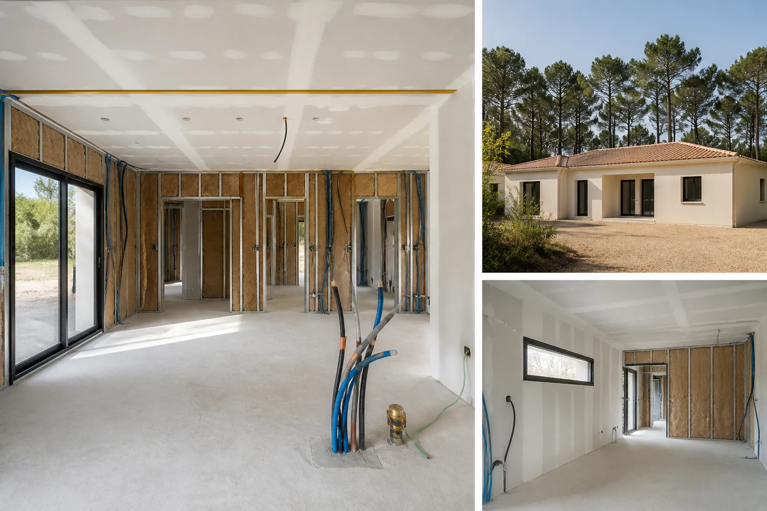 Interieur de maison neuve en cours de cloisonnement avec isolant et reseaux visibles, Marmande