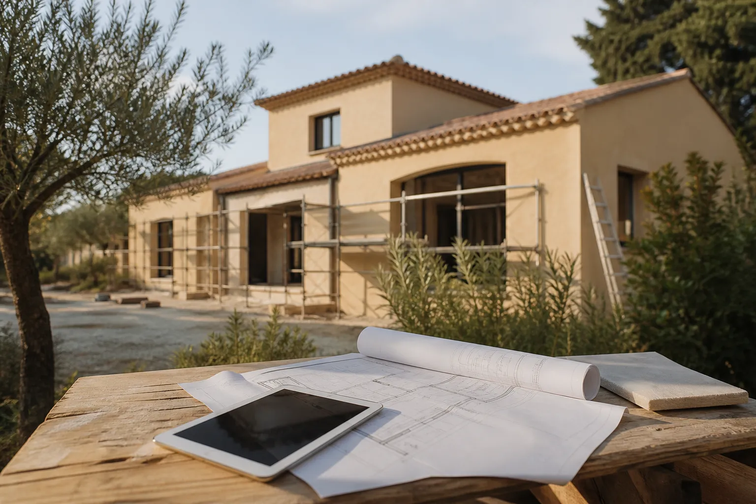 Plans de maison et tablette poses sur une table de chantier, maison en construction en arriere plan, Martigues