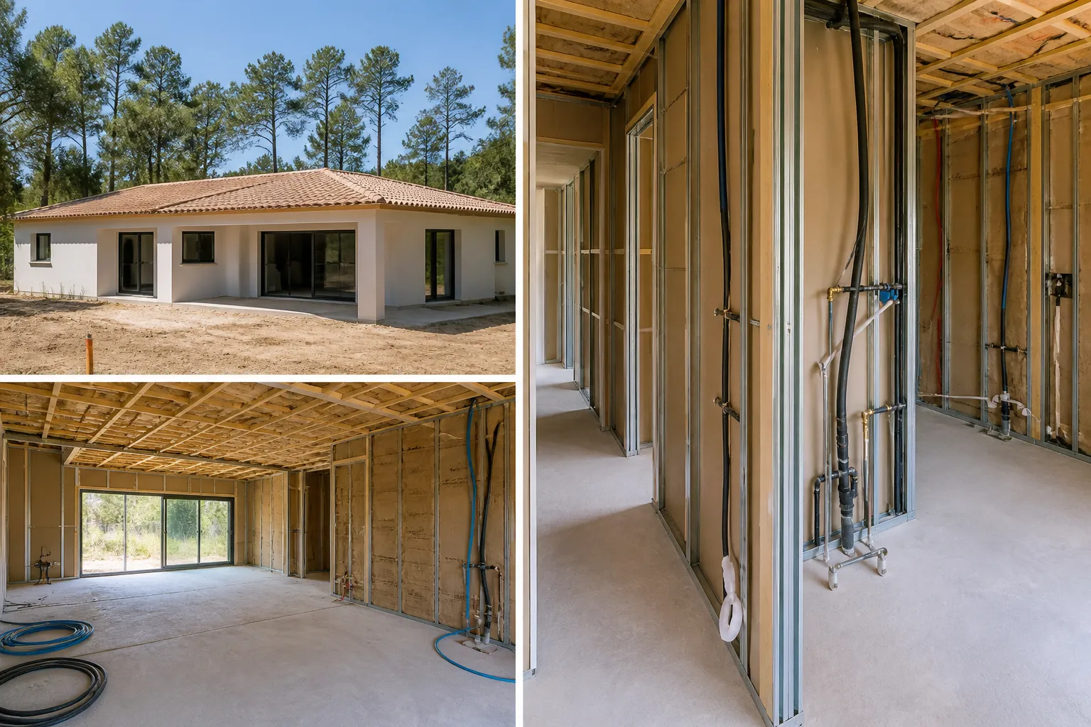 Interieur de maison neuve en cours de cloisonnement avec isolant et reseaux visibles, Mauleon