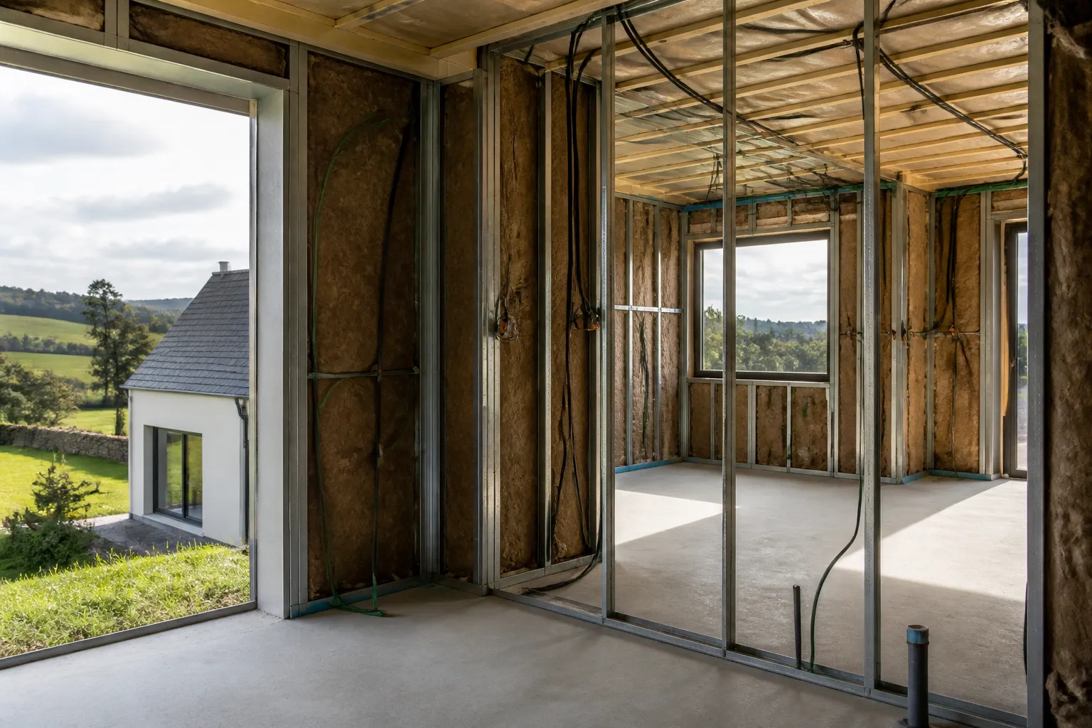Interieur de maison neuve en cours de cloisonnement avec isolant et reseaux visibles, Mayenne