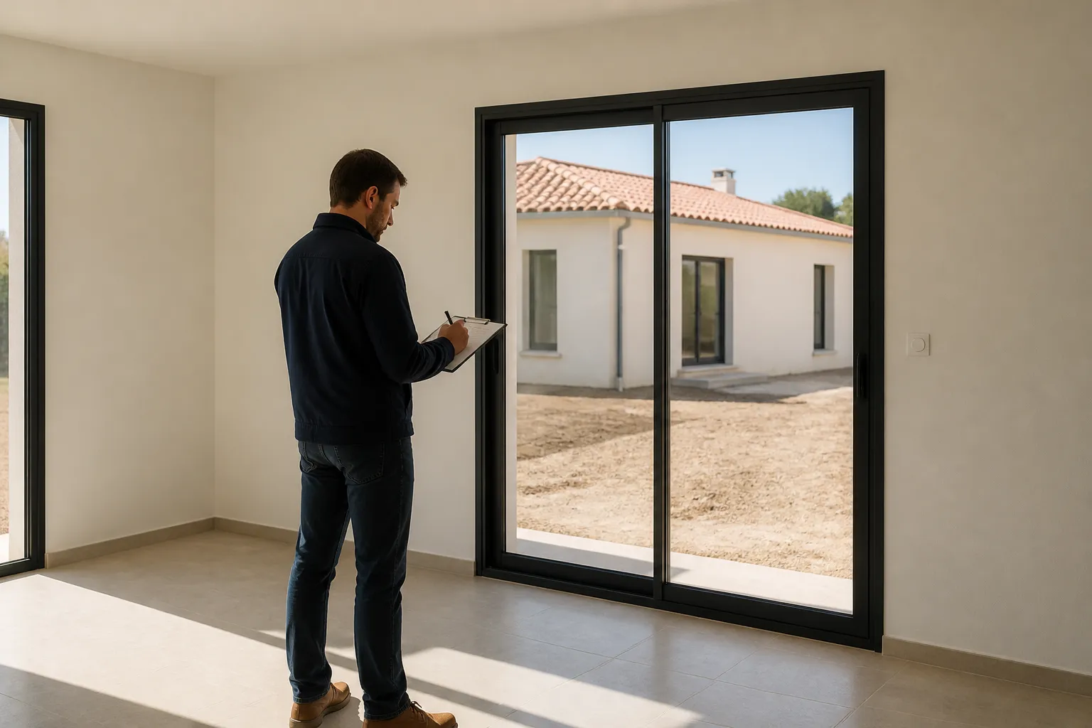 Expert en batiment notant des reserves dans une piece lumineuse de maison neuve, Moissac