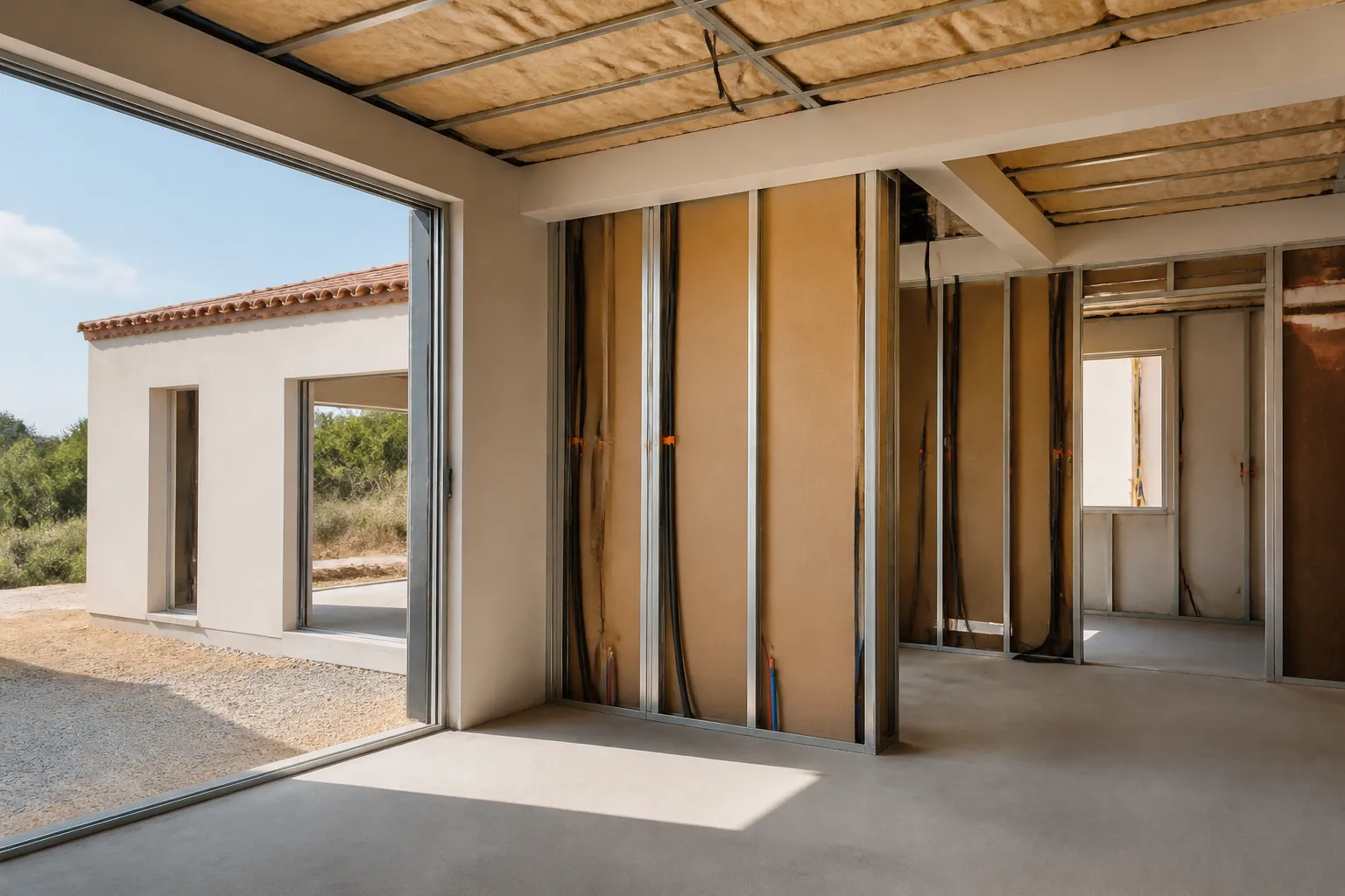 Interieur de maison neuve en cours de cloisonnement avec isolant et reseaux visibles, Montauban