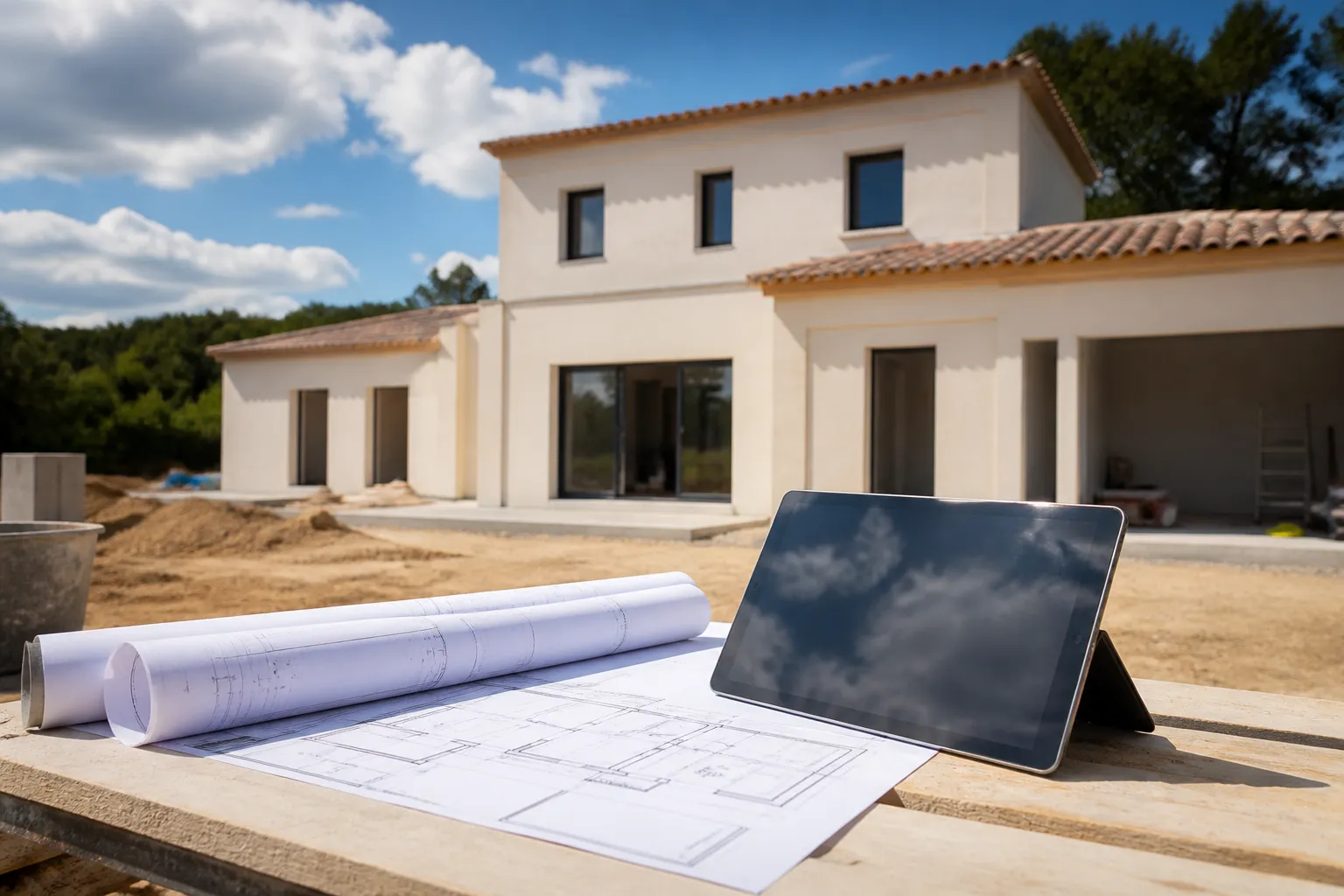 Plans de maison et tablette poses sur une table de chantier, maison en construction en arriere plan, Montech