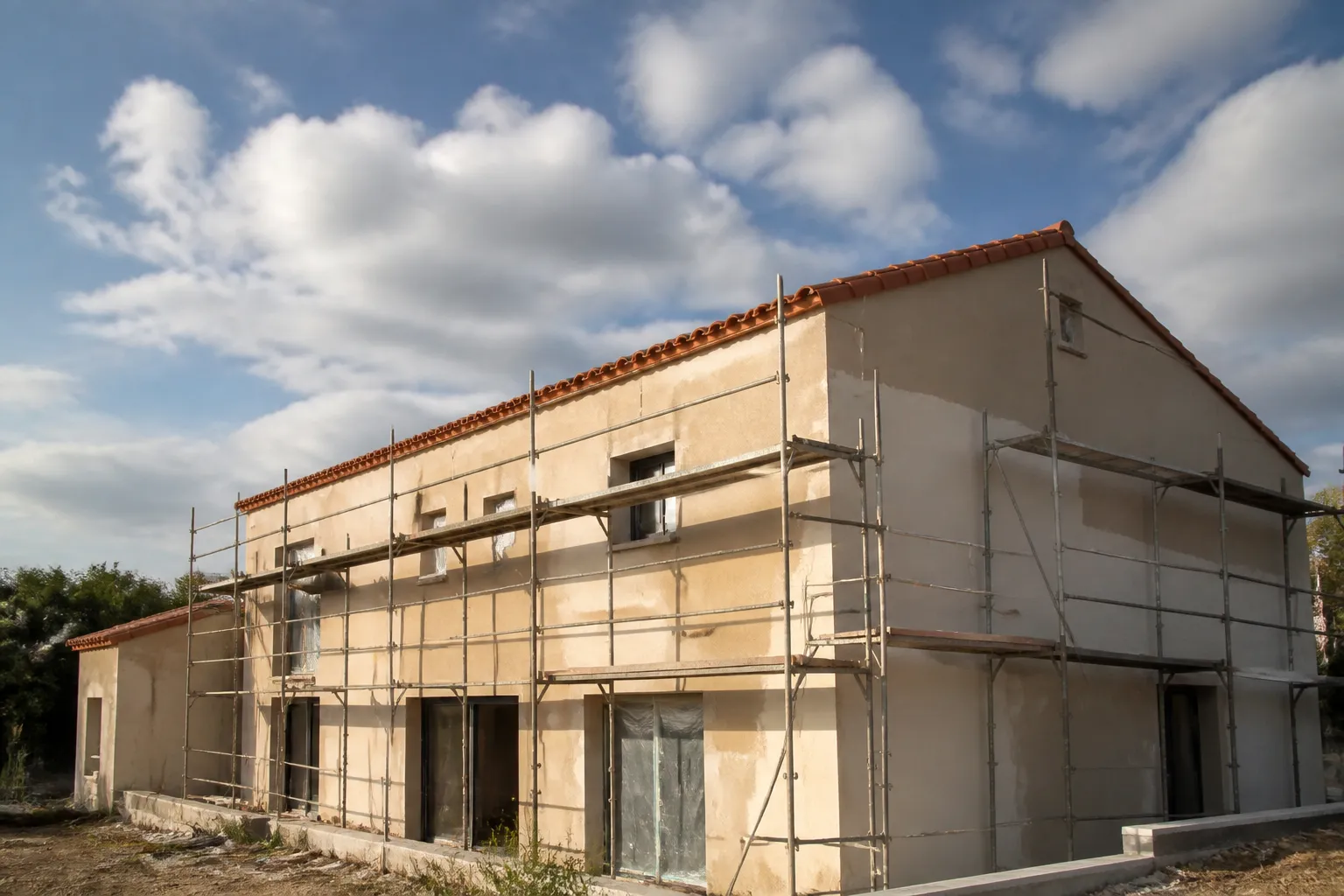 Facade de maison neuve avec echafaudage et enduit en cours, Montpellier