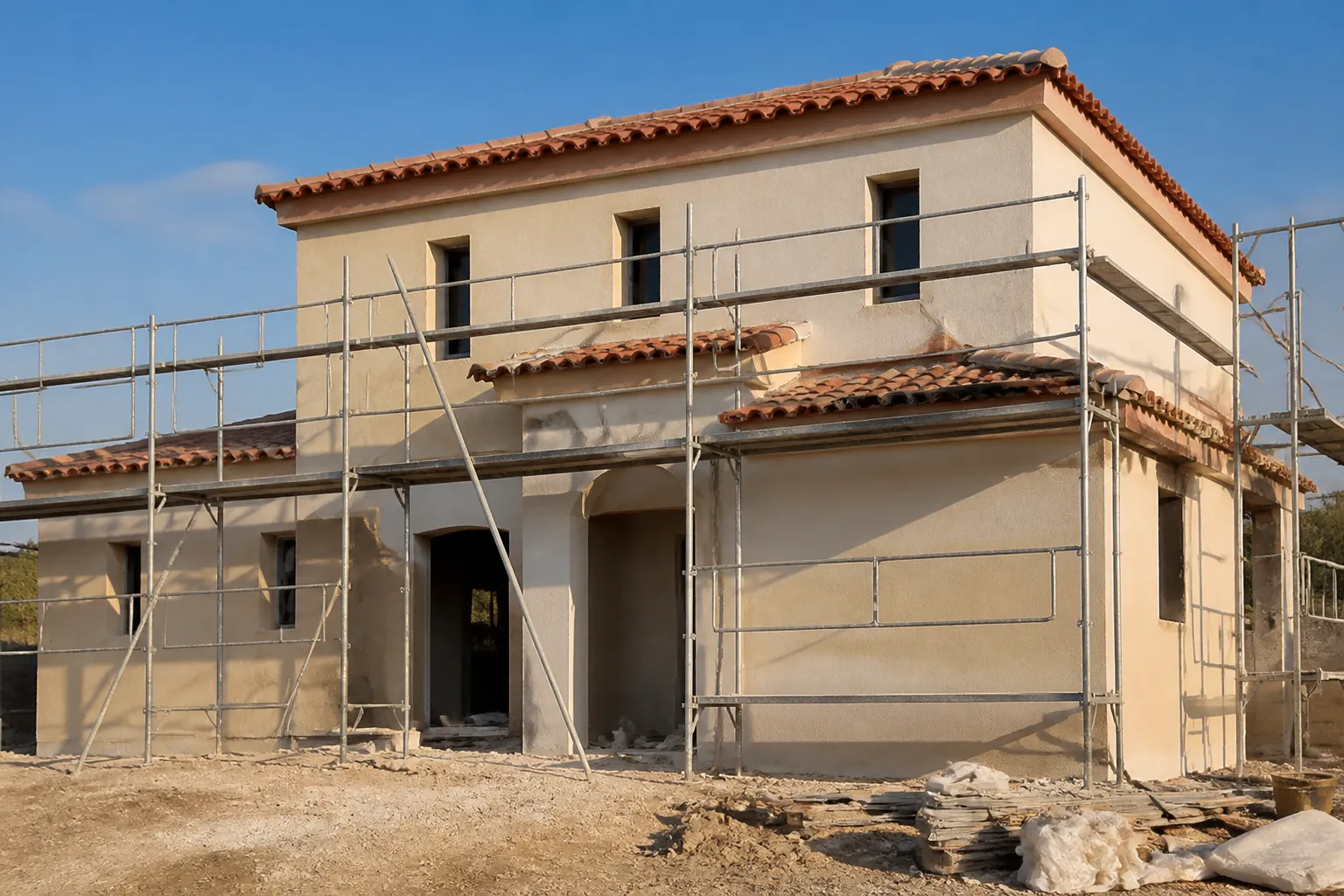 Facade de maison neuve avec echafaudage et enduit en cours, Muret