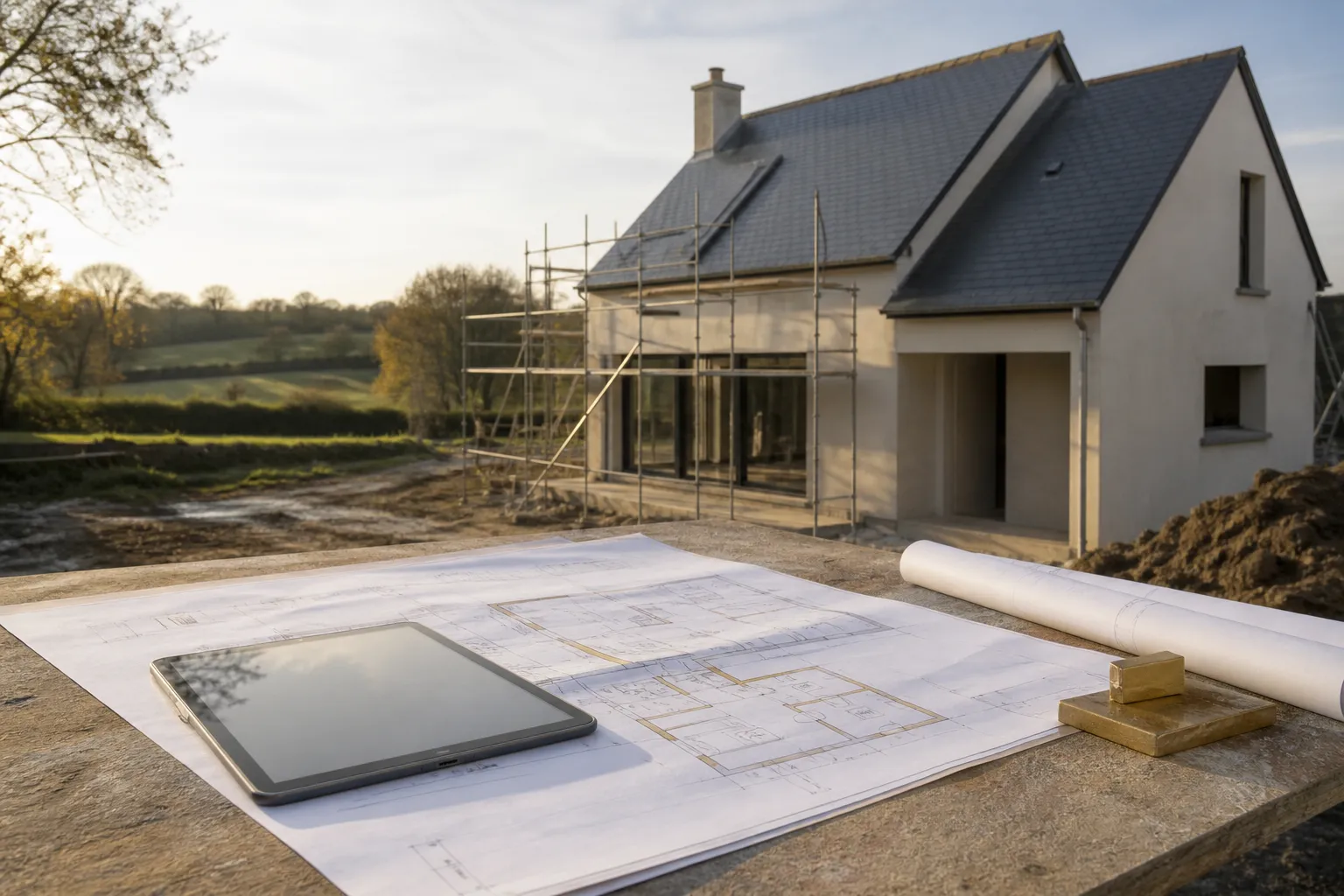 Plans de maison et tablette poses sur une table de chantier, maison en construction en arriere plan, Nantes