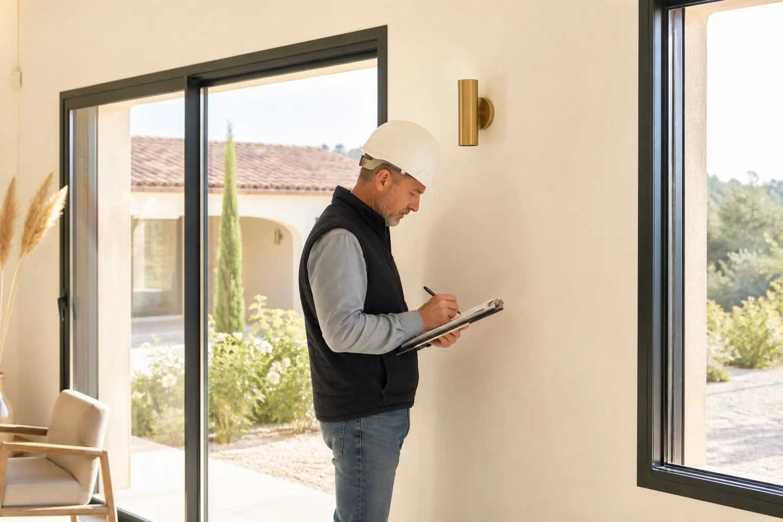 Expert en batiment notant des reserves dans une piece lumineuse de maison neuve, Nice