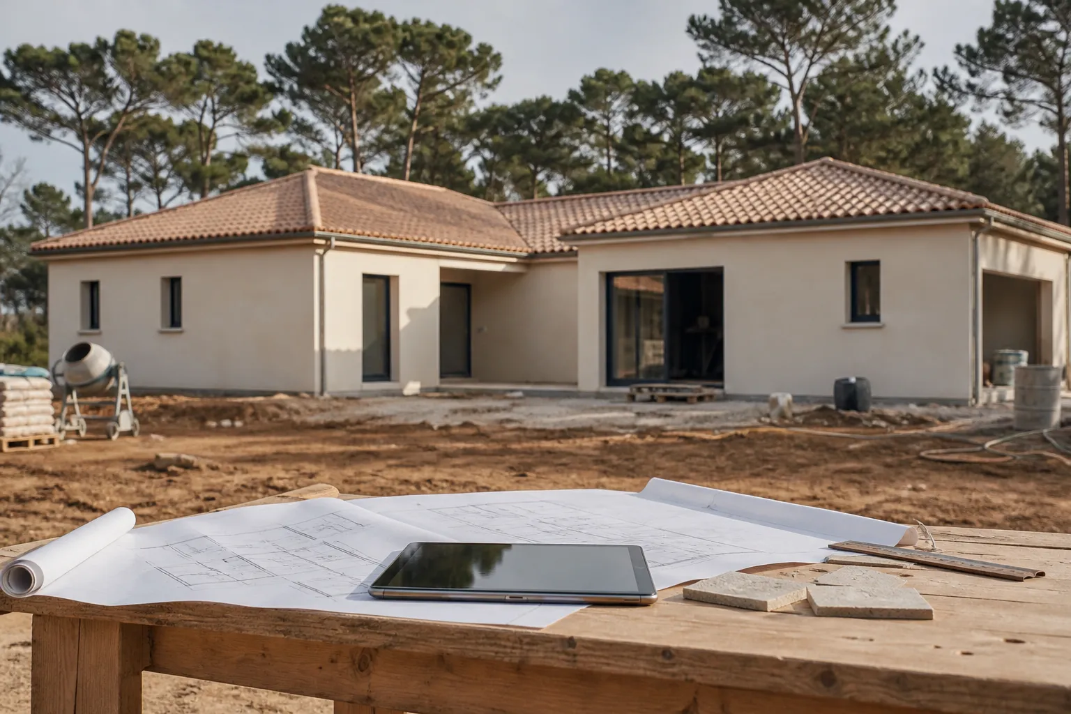 Plans de maison et tablette poses sur une table de chantier, maison en construction en arriere plan, Parthenay