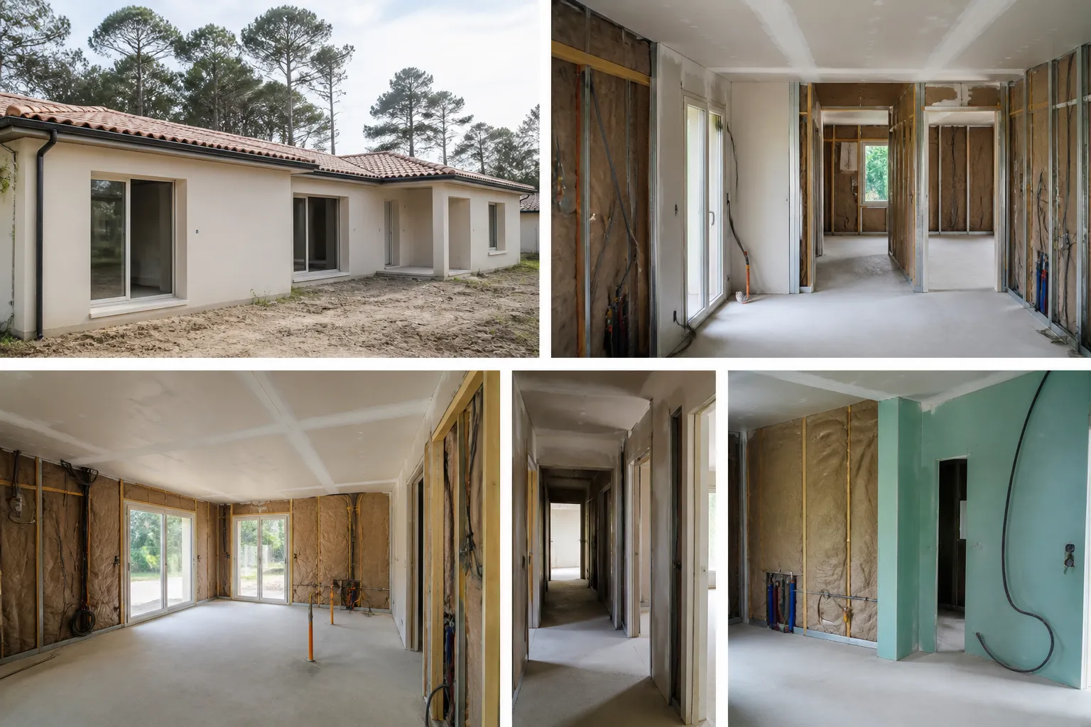 Interieur de maison neuve en cours de cloisonnement avec isolant et reseaux visibles, Perigueux