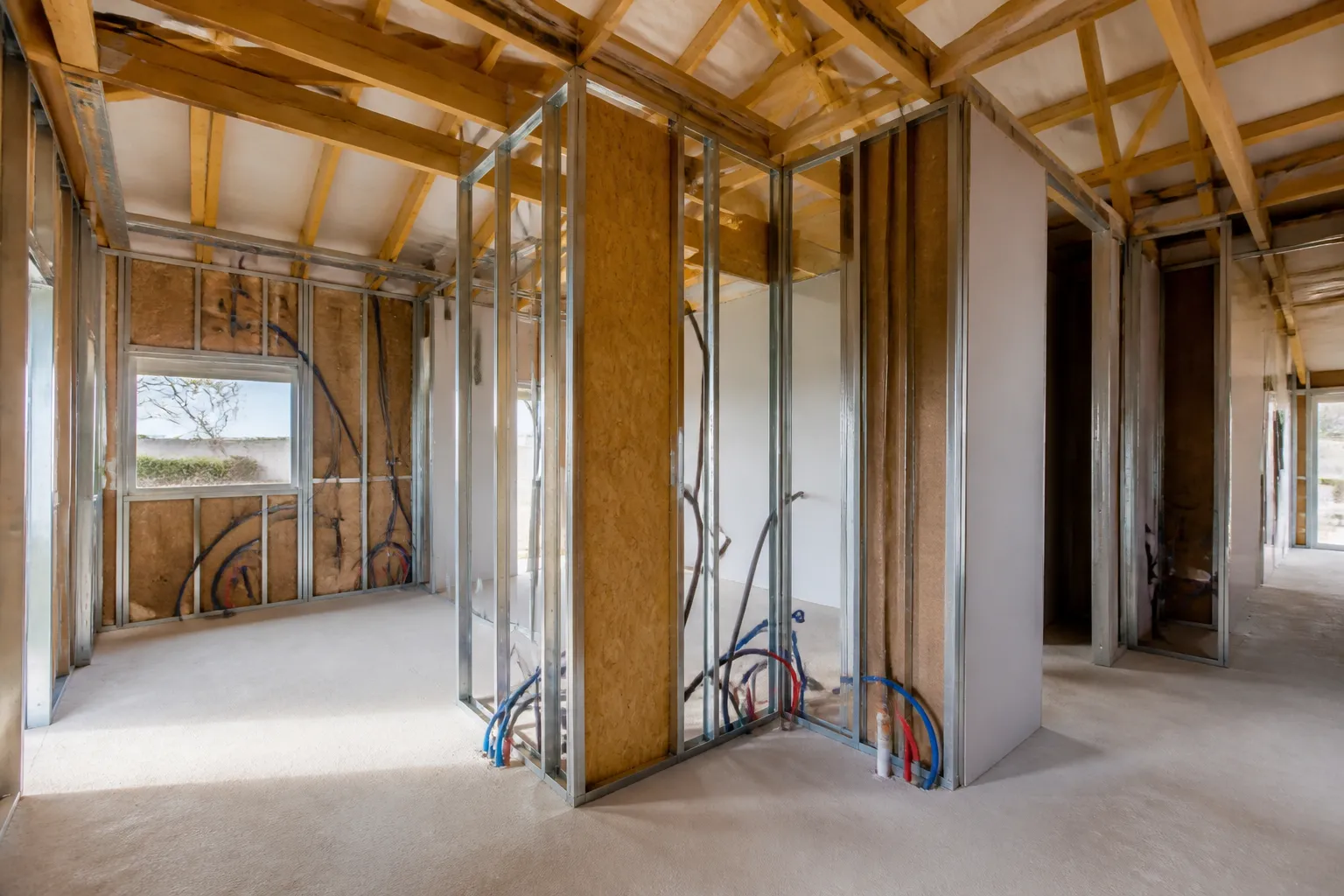 Interieur de maison neuve en cours de cloisonnement avec isolant et reseaux visibles, Pradines