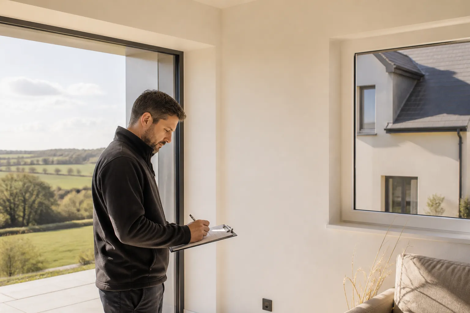 Expert en batiment notant des reserves dans une piece lumineuse de maison neuve, Reze