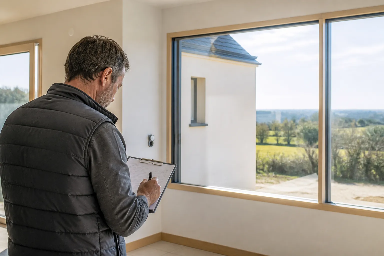 Expert en batiment notant des reserves dans une piece lumineuse de maison neuve, Saint-Berthevin
