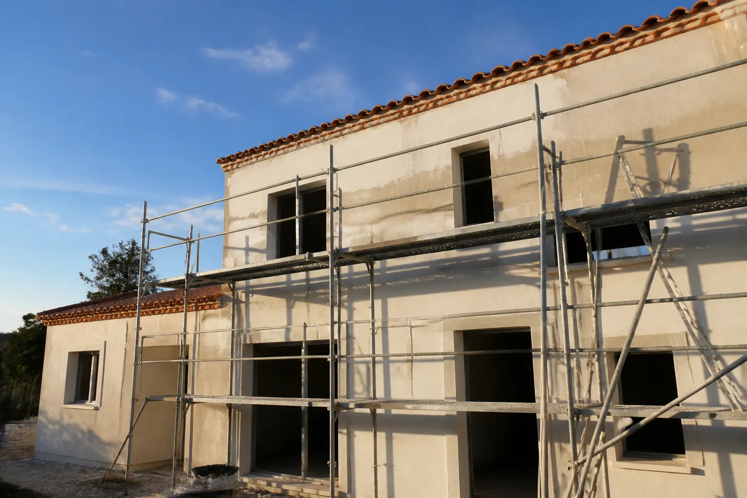Facade de maison neuve avec echafaudage et enduit en cours, Saint-Cyprien