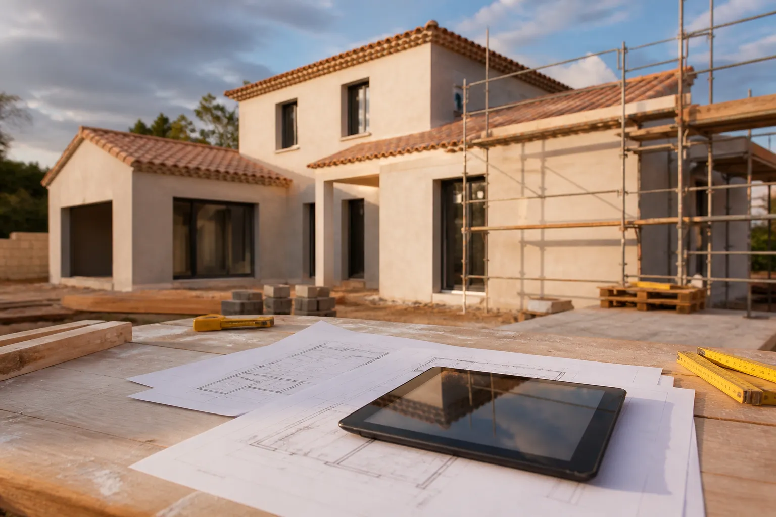 Plans de maison et tablette poses sur une table de chantier, maison en construction en arriere plan, Saint-Esteve