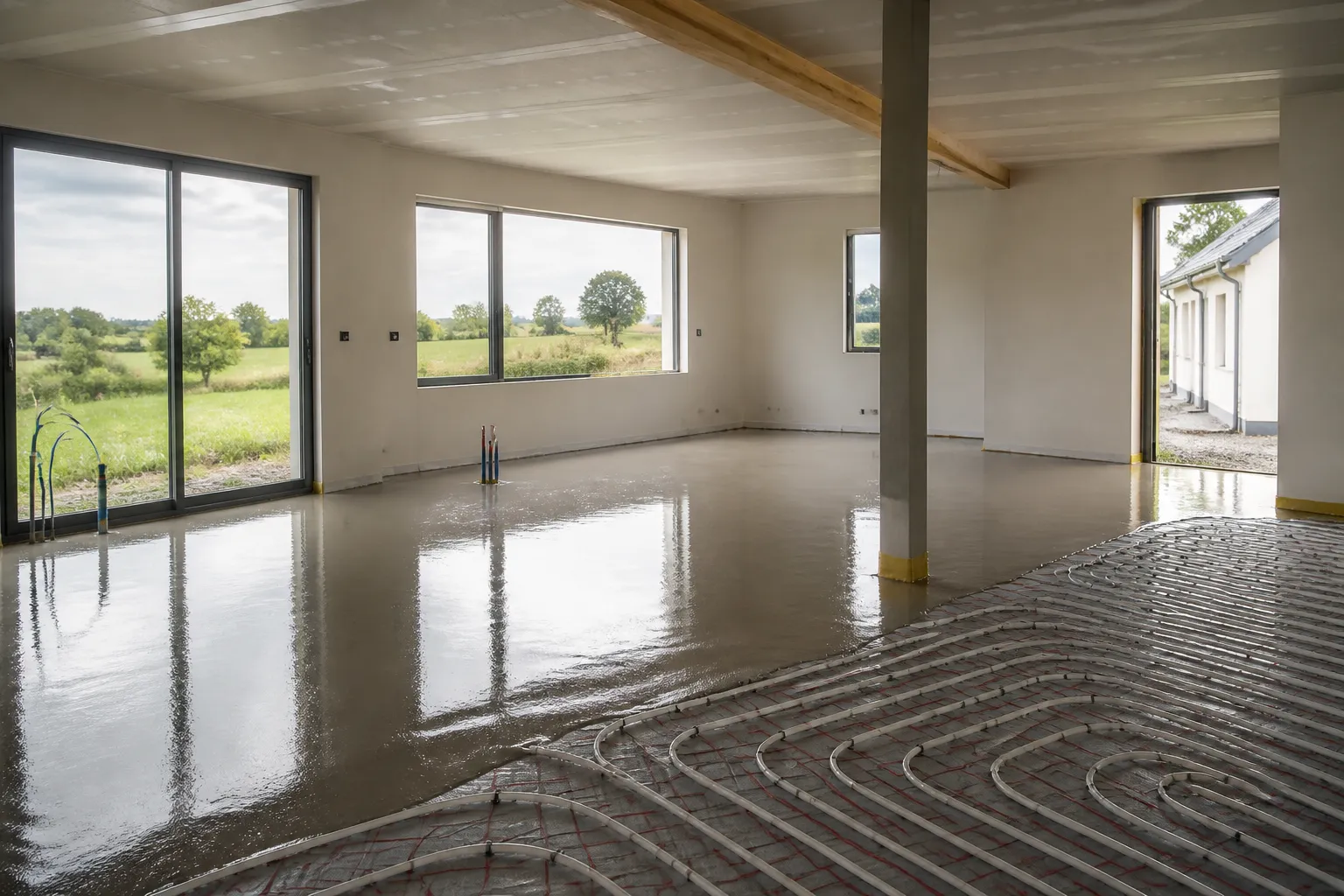 Chape fluide coulee sur plancher chauffant dans une maison neuve, Saint-Herblain