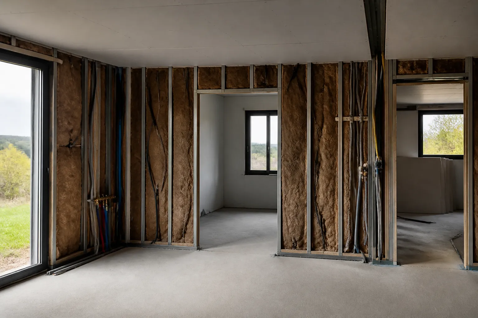 Interieur de maison neuve en cours de cloisonnement avec isolant et reseaux visibles, Saint-Nazaire