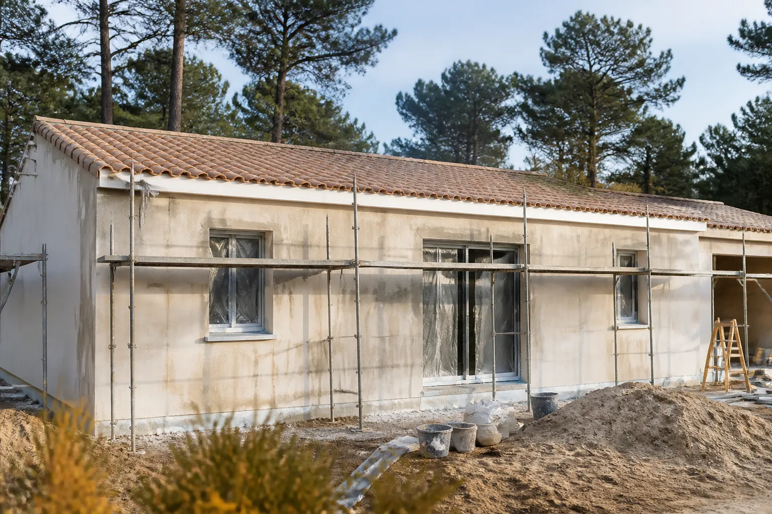 Facade de maison neuve avec echafaudage et enduit en cours, Sarlat-la-Caneda