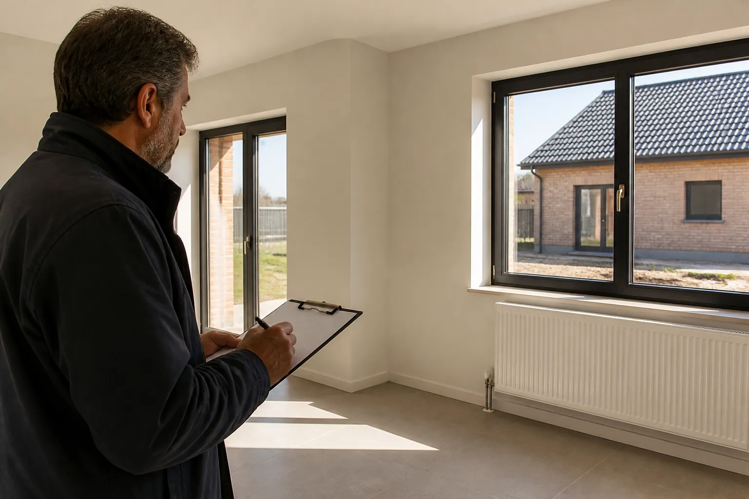 Expert en batiment notant des reserves dans une piece lumineuse de maison neuve, Senlis