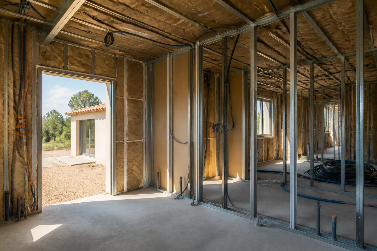 Interieur de maison neuve en cours de cloisonnement avec isolant et reseaux visibles, Sete