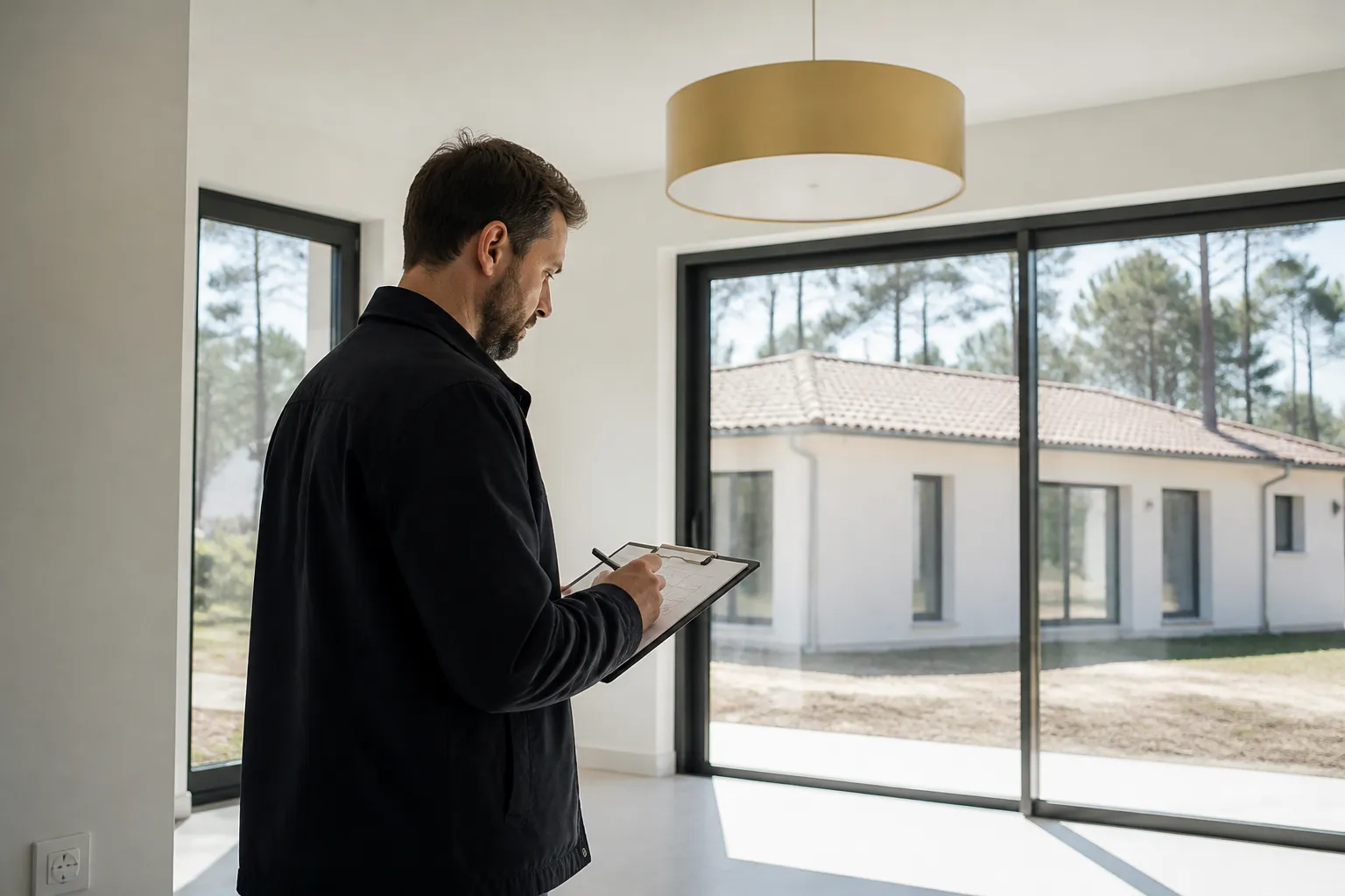 Expert en batiment notant des reserves dans une piece lumineuse de maison neuve, Talence