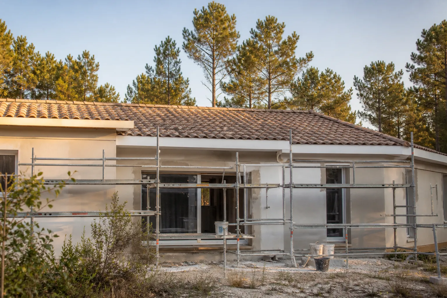 Facade de maison neuve avec echafaudage et enduit en cours, Thouars