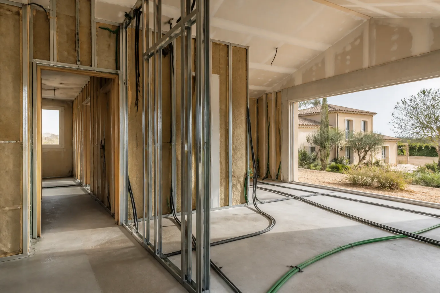 Interieur de maison neuve en cours de cloisonnement avec isolant et reseaux visibles, Toulon