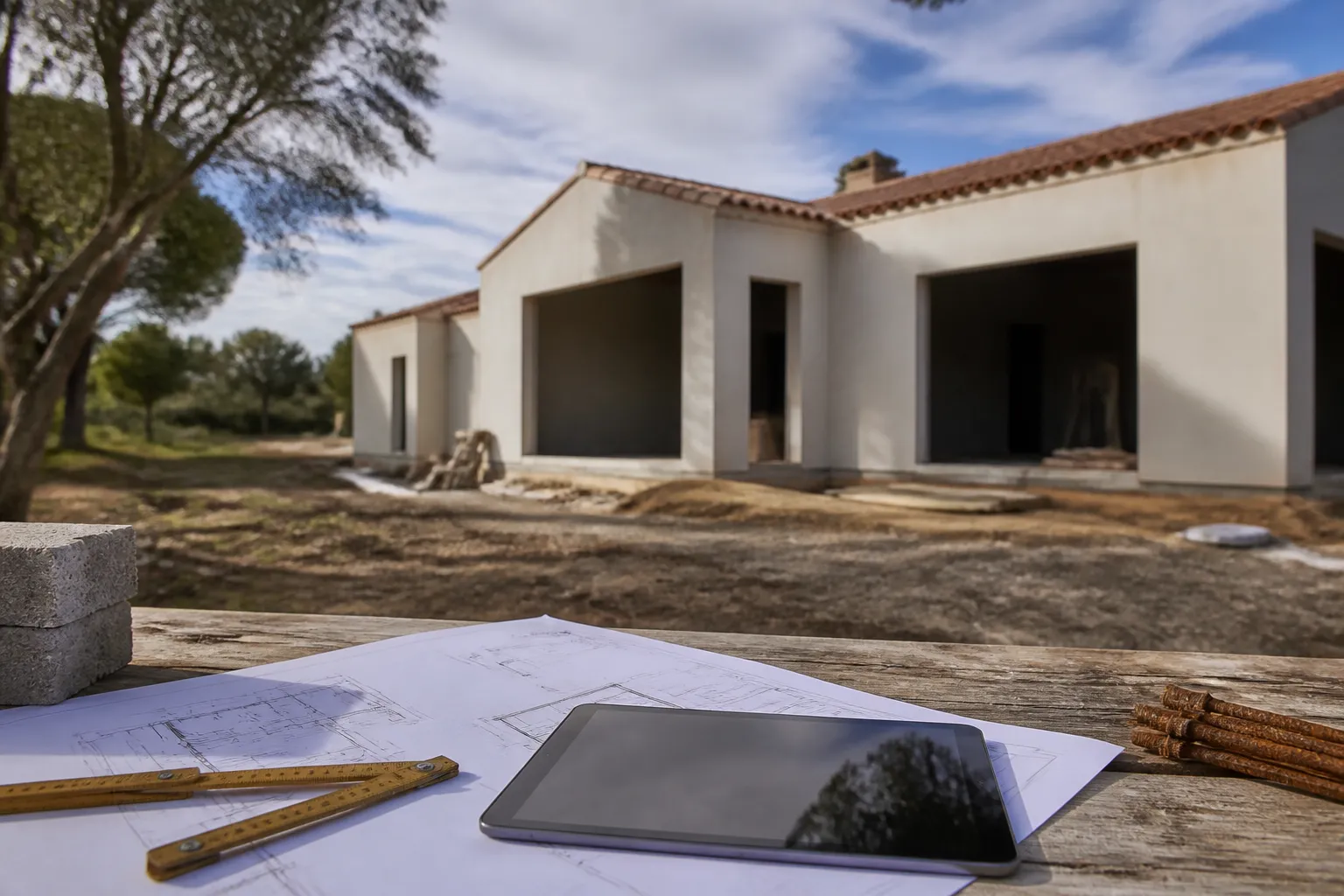 Plans de maison et tablette poses sur une table de chantier, maison en construction en arriere plan, Toulouse