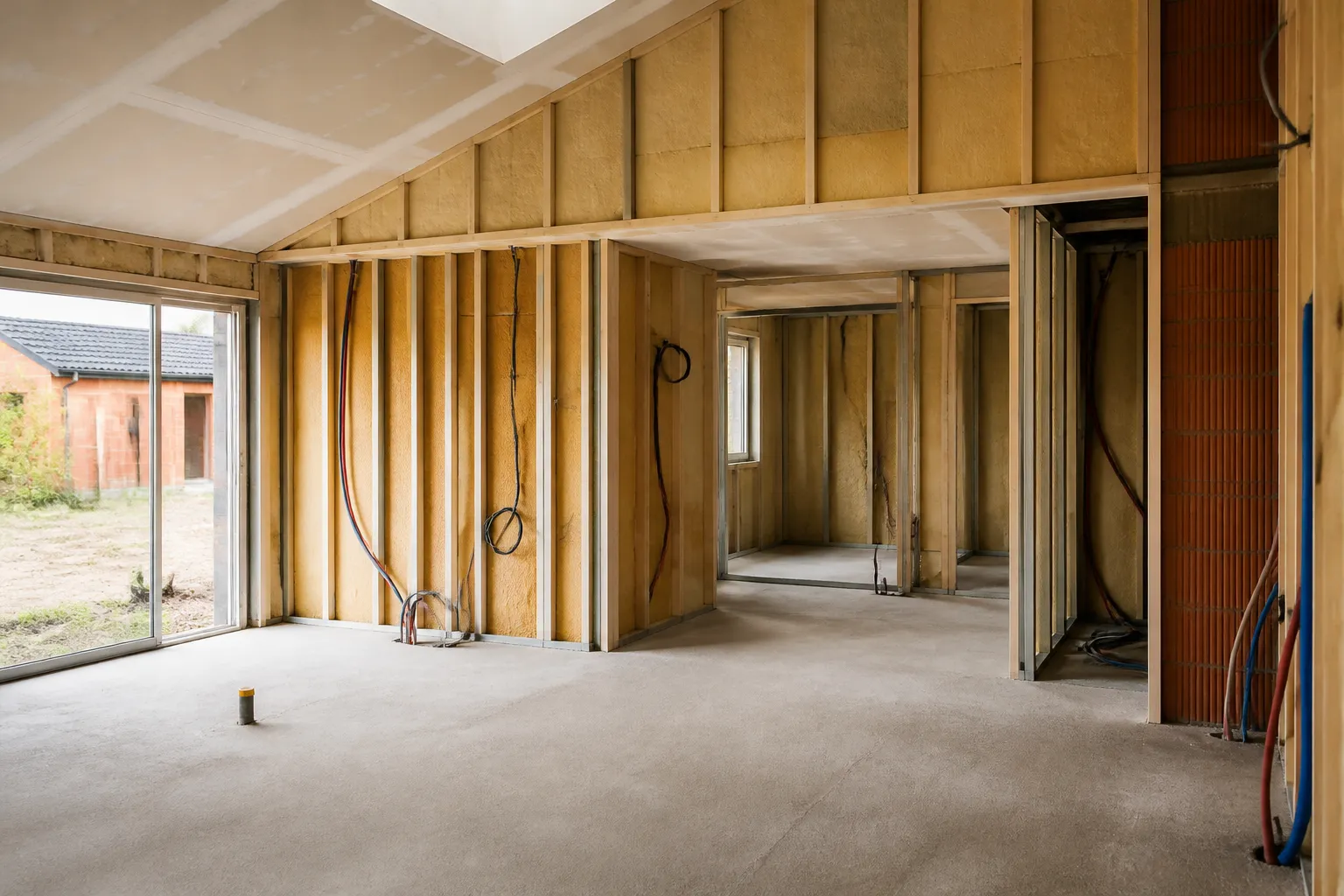 Interieur de maison neuve en cours de cloisonnement avec isolant et reseaux visibles, Tourcoing