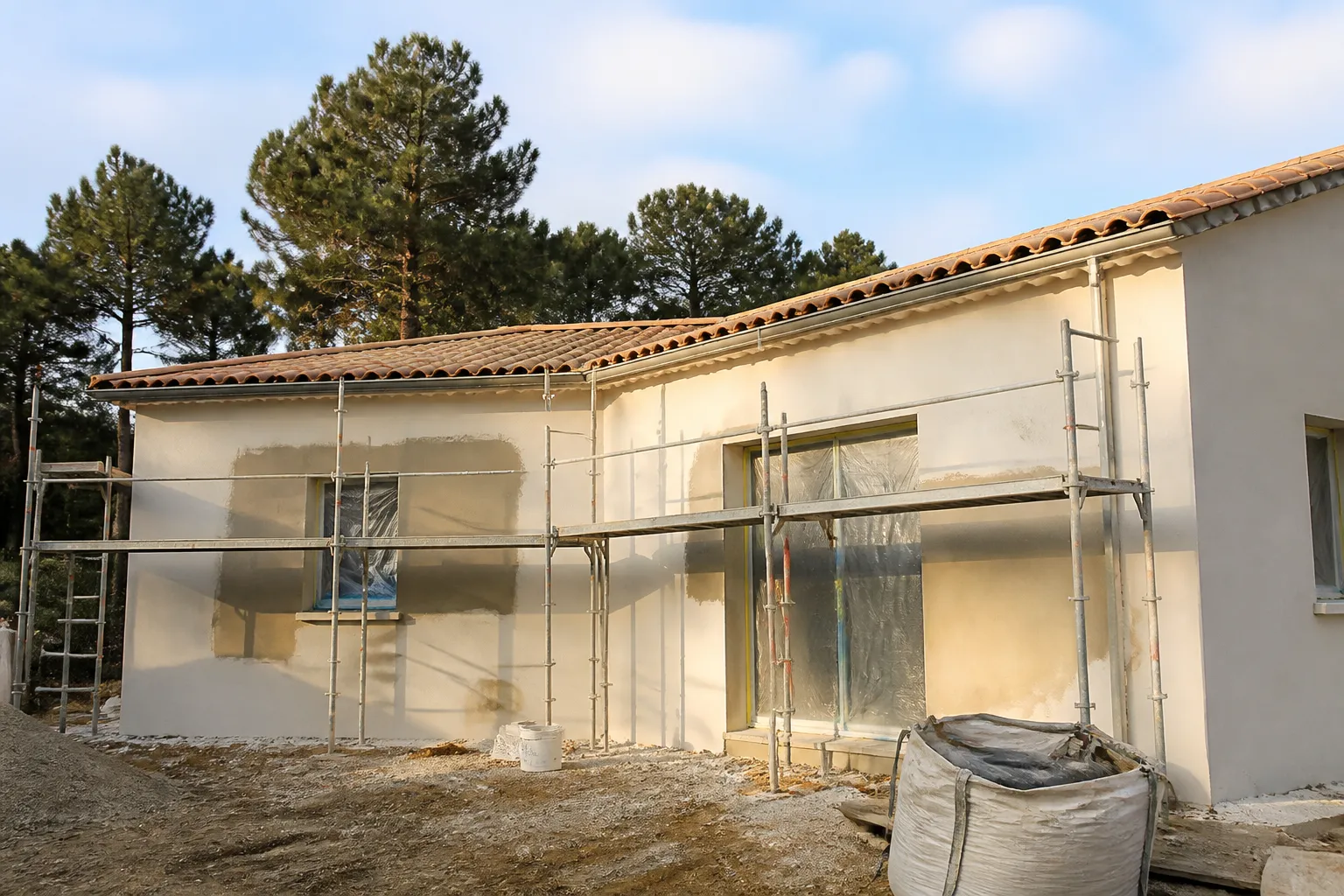 Facade de maison neuve avec echafaudage et enduit en cours, Villenave-d Ornon
