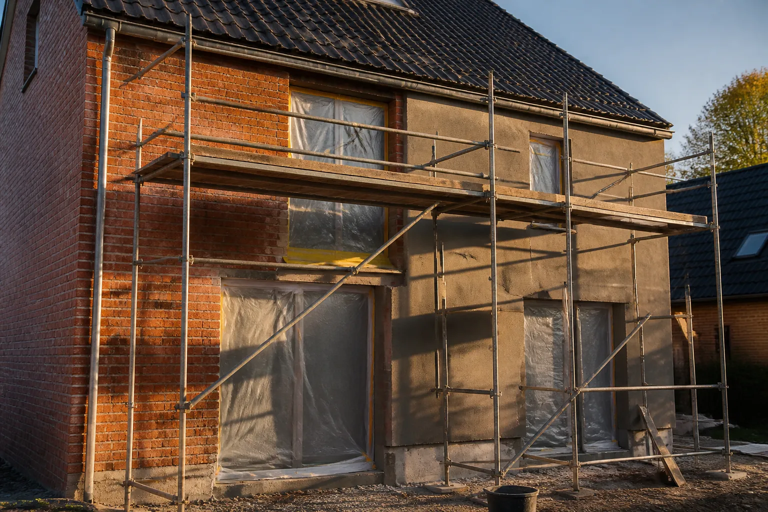 Facade de maison neuve avec echafaudage et enduit en cours, Villeneuve-d Ascq