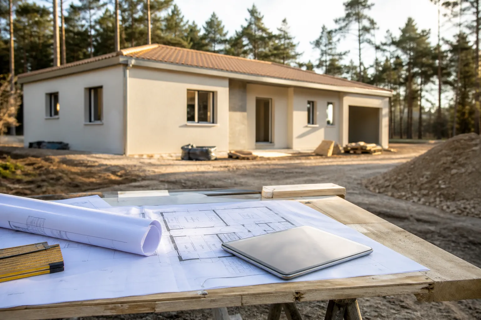 Plans de maison et tablette poses sur une table de chantier, maison en construction en arriere plan, Villeneuve-sur-Lot