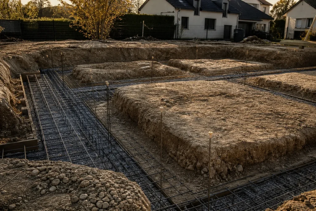 Fouilles de fondations avec ferraillage avant coulage du beton